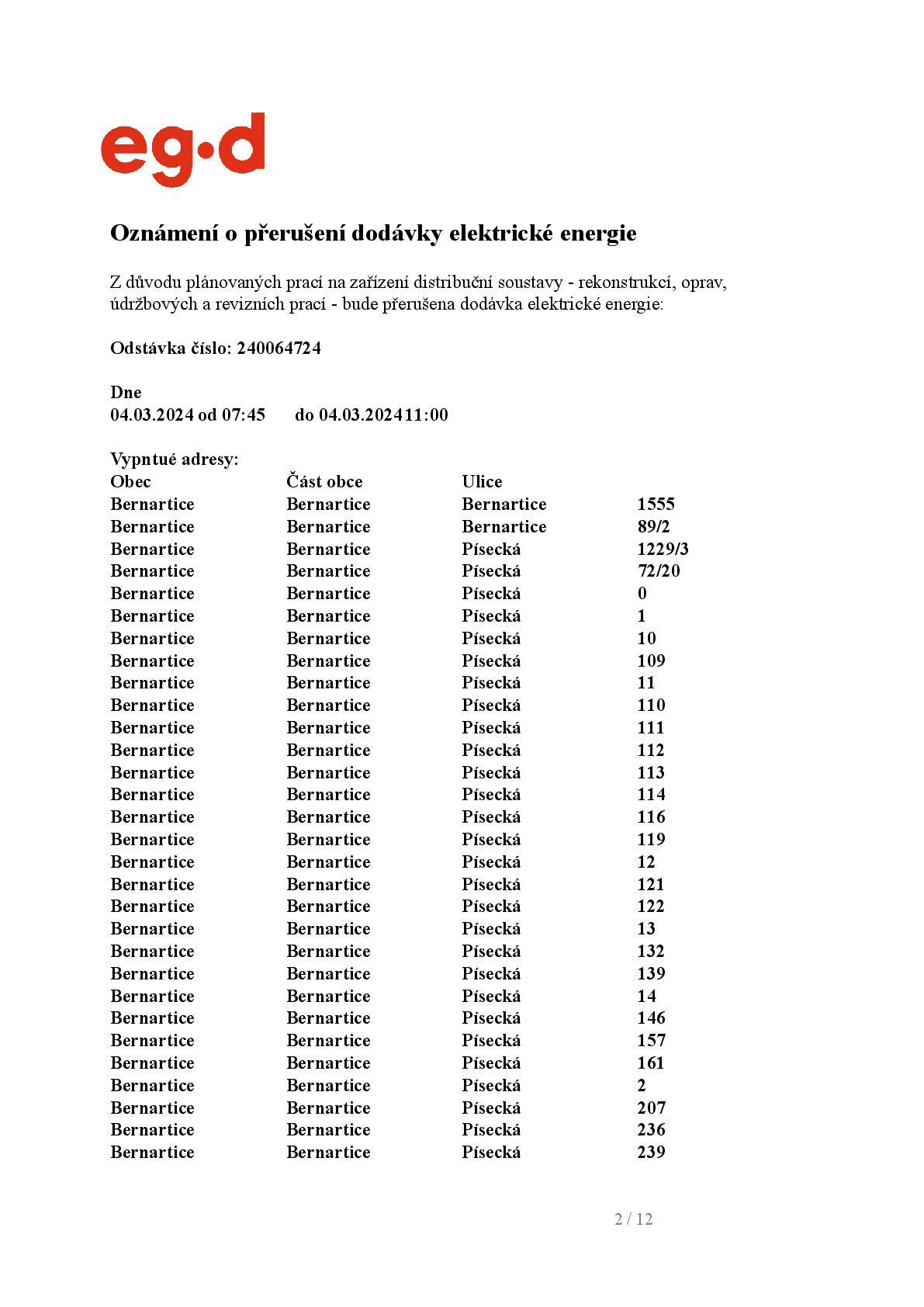 Oznámení o přerušení dodávky elektrické energie