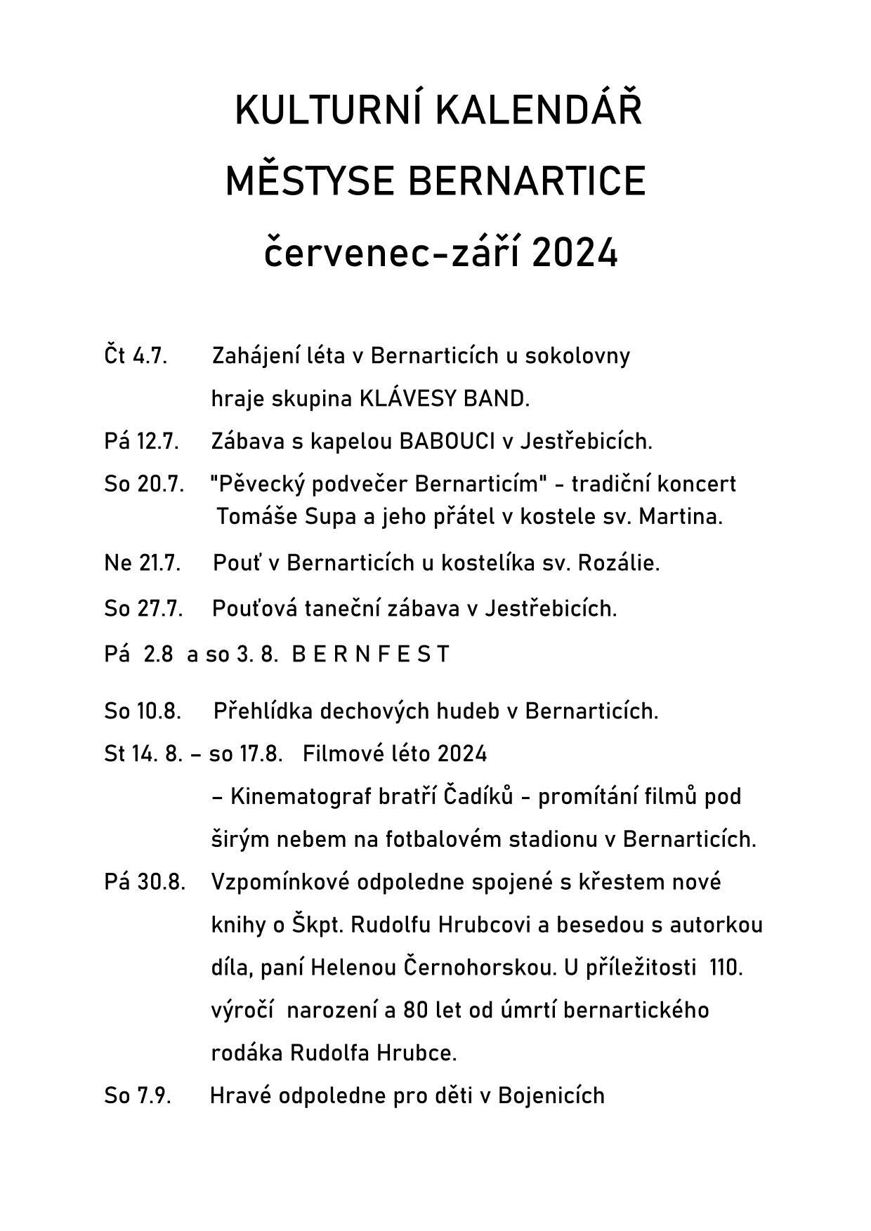 Kulturní kalendář městyse Bernartice "červenec-září 2024"
